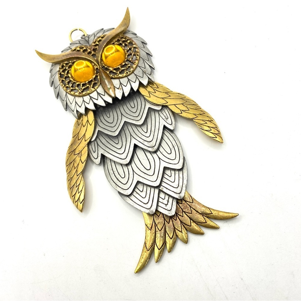 Vintage Owl Pendant Articulated Pewter & Gold Mixed Metals